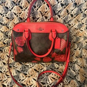 Coach Floral Print Leather Satchel - Red/Brown